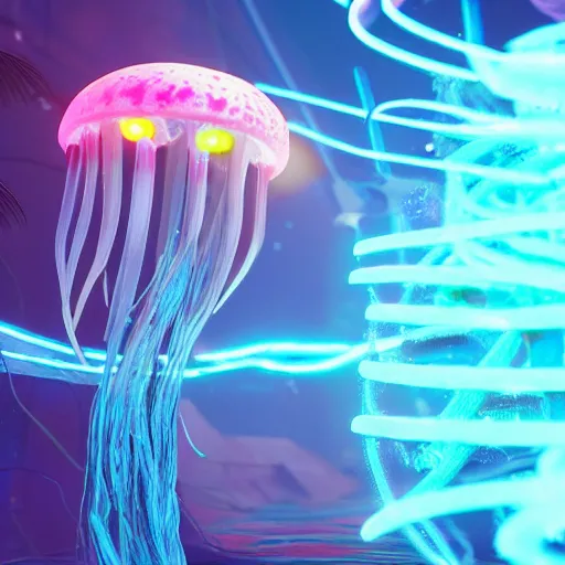 Prompt: cyberpunk jellyfish, with neon Bioluminescence, in deep ocean, above a coral reef, cinematic lighting, ultra detail, photo realistic, octane render