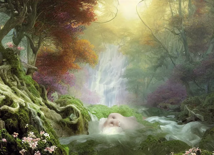 Prompt: a portrait of idealistic marble statue with fractal flowery hair and white fair porcelain face and green eyes, in a magical forest, matte painting, painted by, mc escher, gordon onslow ford, georgia o'keeffe and ivan aivazovsky, cinematic light, god rays, colourful, unreal engine, zbrush central,