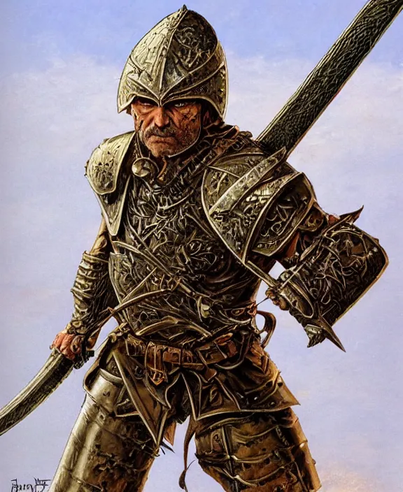 Image similar to battle - worn warrior with legendary sword, fantasy, man, cool armour, intricate, highly detailed, digital painting, artstation, concept art, wallpaper, smooth, sharp focus, illustration, art by larry elmore, jeff easley, clyde waldwell, keith parkinson, daniel r horne