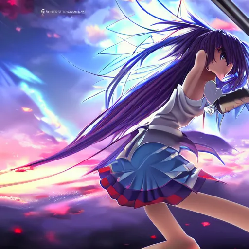 Prompt: anime girls epic battle sword digital art trending on art station 8 k epic scenery explosions perfect drawing