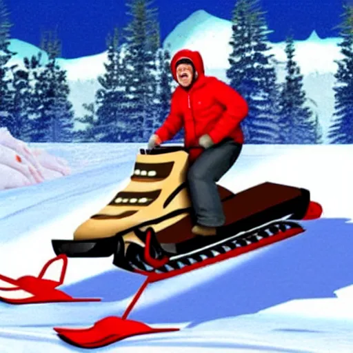 Prompt: a canadian hoser jumping a snowmobile over a giant stack of maple syrup pancakes, photorealistic, hyper realistic