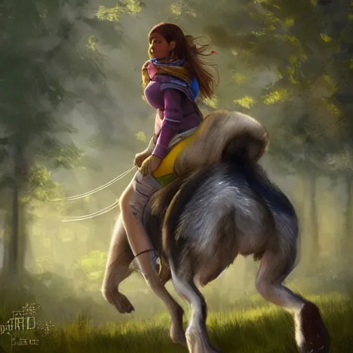 Image similar to girl riding a giant husky in the park, trending on artstation