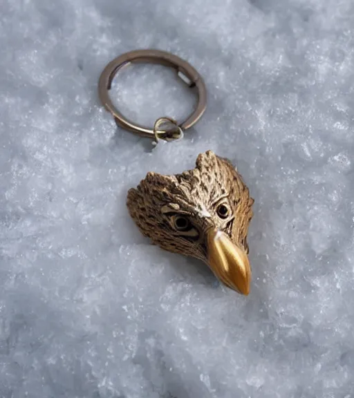 Image similar to realistic keychain of an eagle in the nest of a snowy pine tree