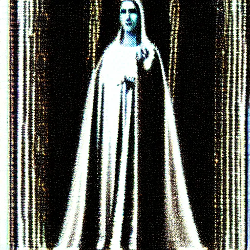 Image similar to vhs static overlay of marian apparition, vhs, 1 9 9 0, highly realistic, highly detailed, vhs noise static, black and white, vhs glitch