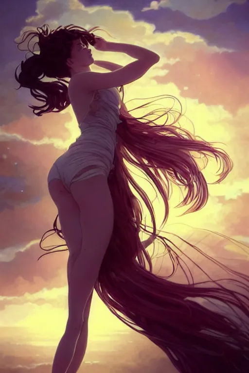 Prompt: full body falling through the sunset sky windy hair zero gravity floating seductive meditation goddess in the style of artgerm, wlop, greg rutkowski, alphonse mucha and ayami kojima, realistic details, volumetric lighting, very very very very beautiful symmetrical face, trending on artstation, artstationhd, artstationhq, unreal engine, 4 k, 8 k