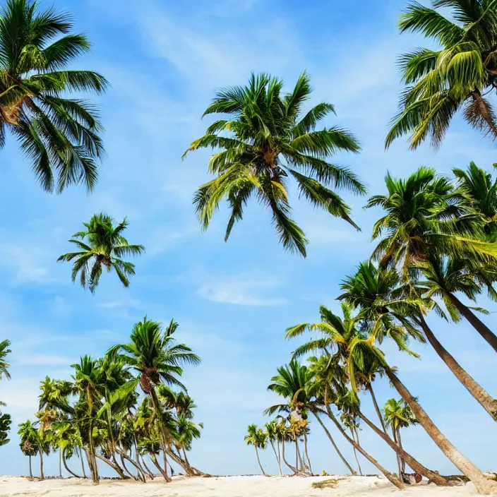 Image similar to palm trees on the beach, highly detailed, pink-blue-green light, landscaping, natural, outdoor spaces,