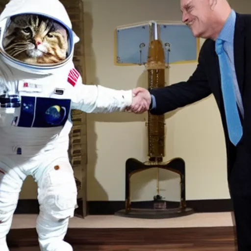 Image similar to cat astronaut shakes the hands with president