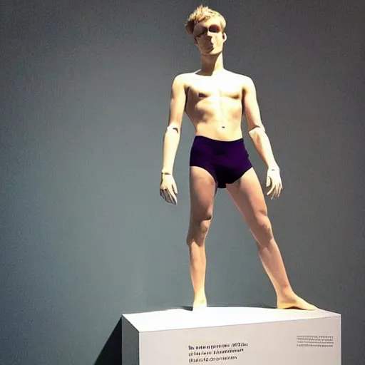 Image similar to “a realistic detailed photo of a guy who is an attractive humanoid who is half robot and half humanoid, who is a male android, British diver Jack Laugher & Chris Mears, shiny skin, posing like a statue, blank stare, at the museum, on display”