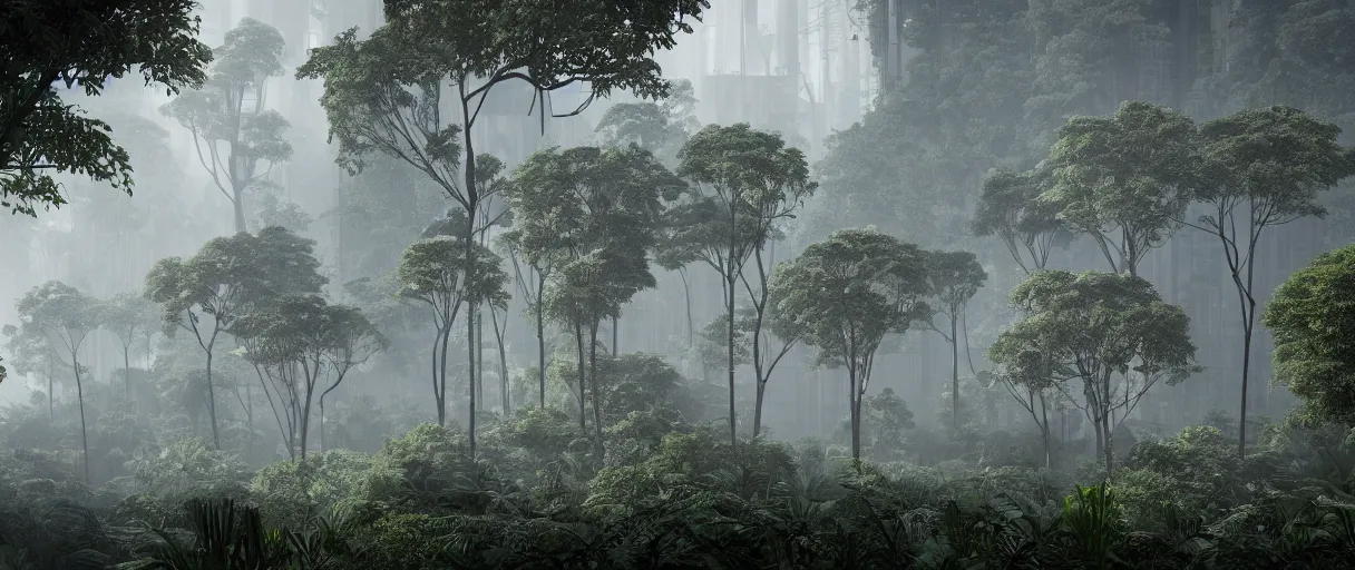 Image similar to brutalist architecture inspired by louis kahn deep in the rainforest. nature is taking over. matte painting by ivan laliashvili. unreal engine 5 render. mist. cinematic.