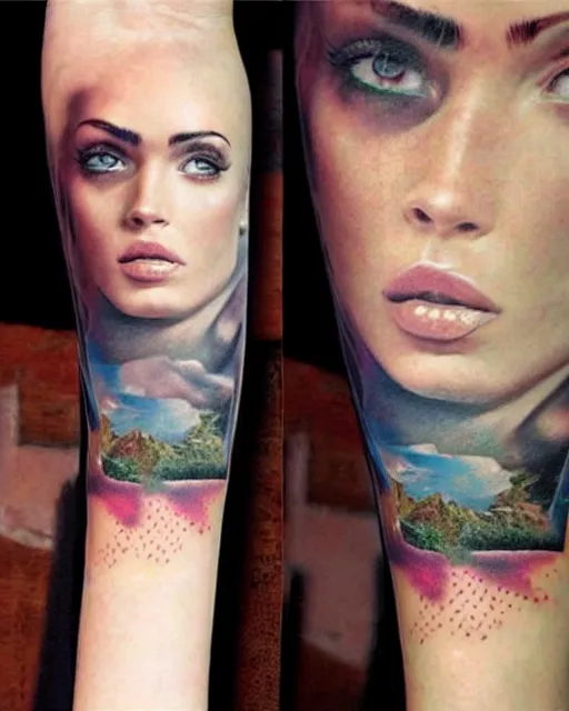 Image similar to creative double exposure effect tattoo design sketch of megan fox faded in beautiful mountain scenery, realism tattoo, in the style of matteo pasqualin, amazing detail, sharp