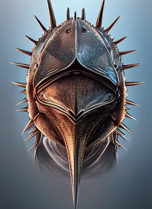 Prompt: anthropomorphic trianglar prism head in edgy darkiron horseshoe crab, intricate, elegant, highly detailed animal monster, digital painting, artstation, concept art, smooth, sharp focus, illustration, art by artgerm, wayne barlowe, trending on artstation and greg rutkowski and alphonse mucha, 8 k