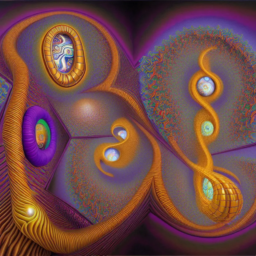 Prompt: 3 d render of infinite fractals of consciousness, recursion, symbols, surreal, by salvador dali and mc escher and alex grey, oil on canvas, hd, dreams, intricate details, warm colors, octane render