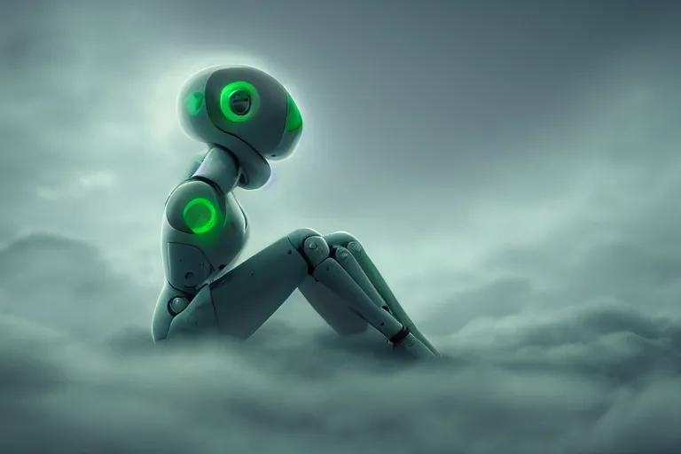 Prompt: a cute robot girl sitting on a cloud relaxing, misty, digital art, hazy, foggy, green lighting, ambient lighting, 8 k,