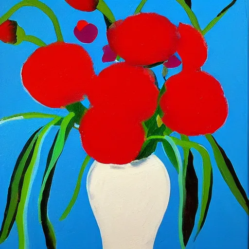 Image similar to a painting of red flowers in a red vase, a gouache by tom wesselmann, pixabay contest winner, naive art, acrylic art, oil on canvas, fauvism