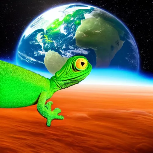 Image similar to an enormous green gecko hugging planet earth, space background