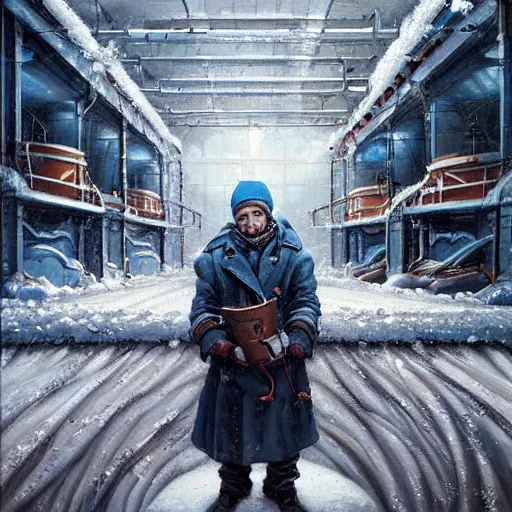 Image similar to beautiful snow - covered plumber posing in factory, half - length portrait, perfect symmetrical eyes, cinematic by peter mohrbacher, detailed, hyperrealism