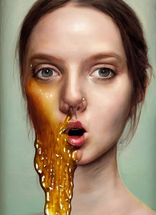 Image similar to portrait of a girl, honey dripping down her, hyper-realistic, high-tech