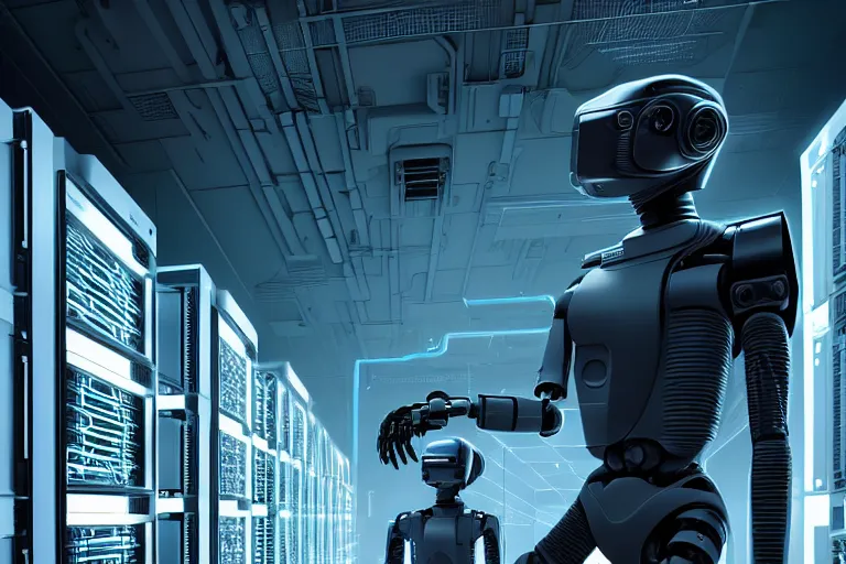 Image similar to hyperrealism stock photography of highly detailed stylish humanoid robot in sci - fi cyberpunk style by gragory crewdson and vincent di fate with many details by josan gonzalez working in the highly detailed data center by mike winkelmann and laurie greasley hyperrealism photo on dsmc 3 system rendered in blender and octane render