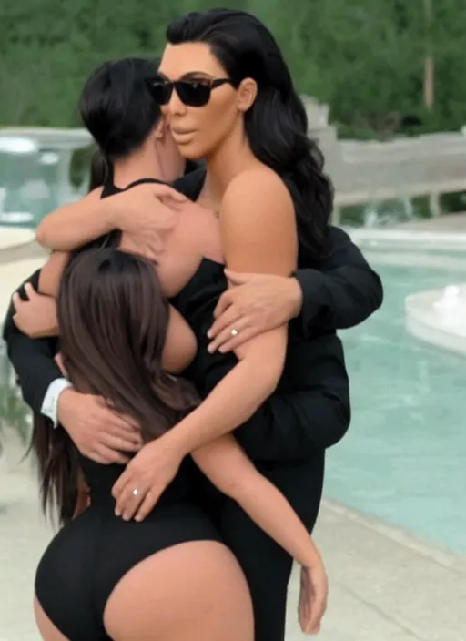 Prompt: film still of kim kardashian hugging bubbles from trailer park boys.