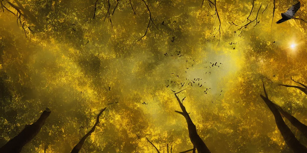 Image similar to golden canopy above a rainforest with birds flying in the sky above, painting, 4 k