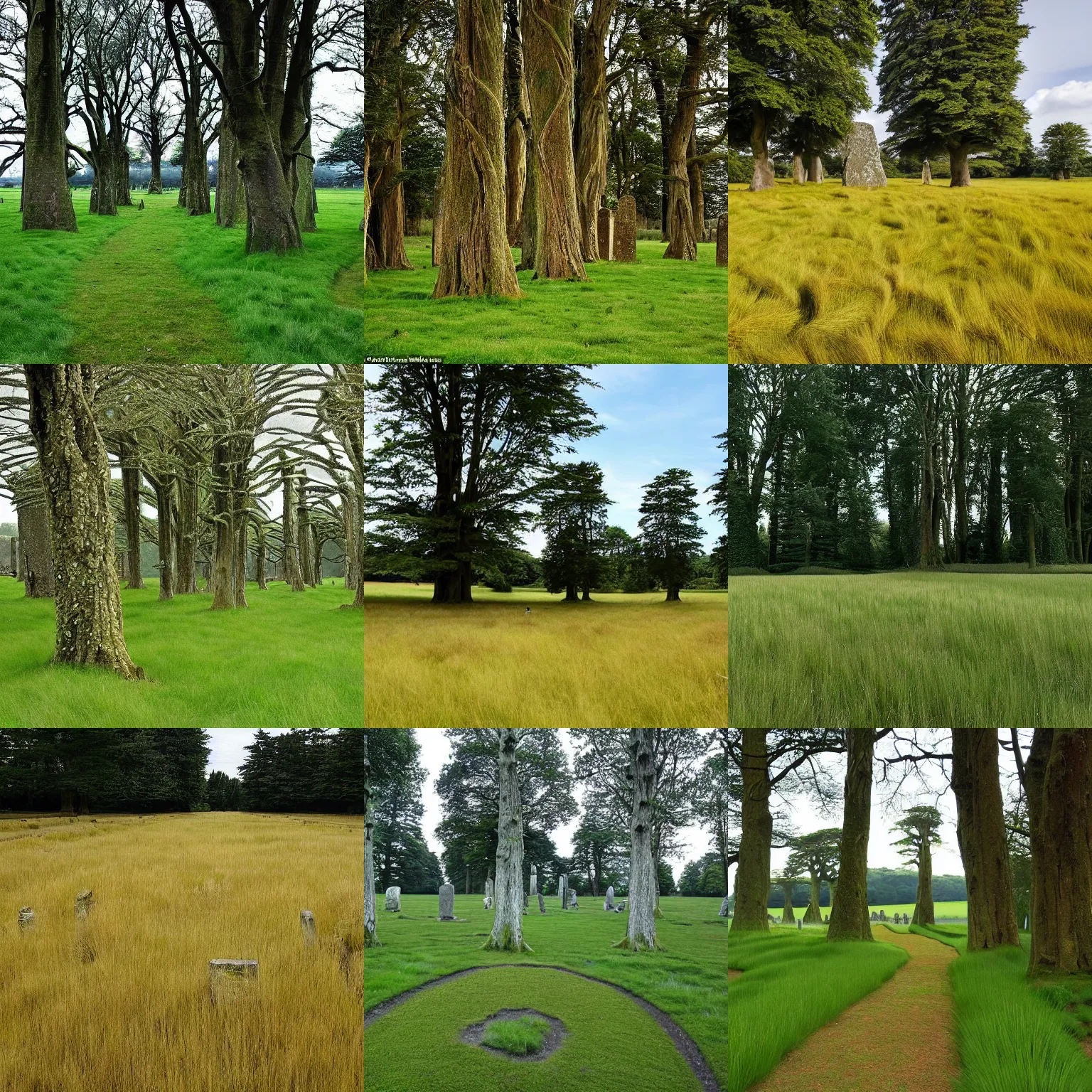 Prompt: A field of long grass on which is laid out a maze of pathways and ancient standing stones. There are many tall trees, one of which has a nest on it