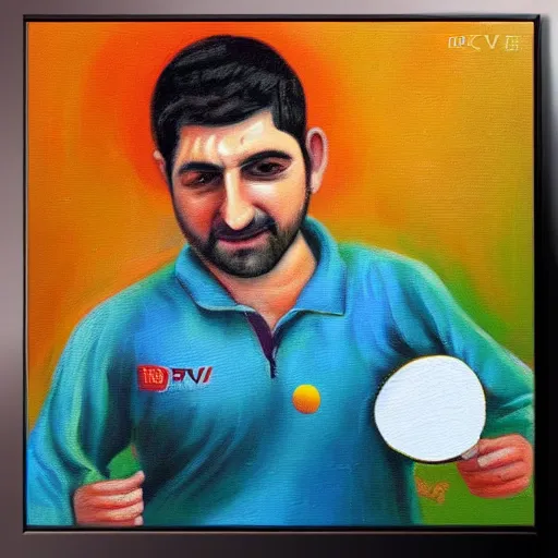 Prompt: Dvě kočky hrají ping pong na oranžovém pozadí, oil painting