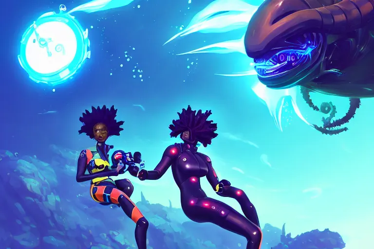 Image similar to afro - futurist scuba divers escaping an alien leviathan, gigantic angler fish with glowing eyes | hyperrealistic digital painting by makoto shinkai, ilya kuvshinov, lois van baarle, rossdraws | afrofuturism in the style of hearthstone and overwatch, trending on artstation