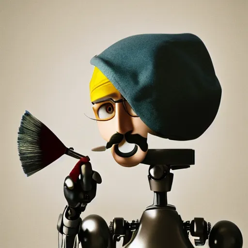 Image similar to portrait of a robot with a moustache wearing beret holding big paintbrush, big head, high detail, beautiful light, depth of field, sharp focus, clean design, 4 k, pixar, low saturation, octane render