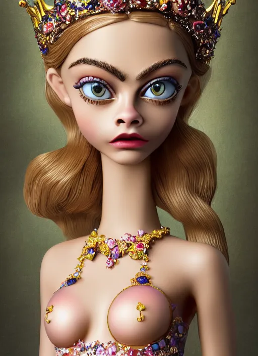 Prompt: closeup face profile portrait of tin toy cara delevingne as a fairytale princess wearing a crown eating cakes, bikini, depth of field, zeiss lens, detailed, symmetrical, centered, fashion photoshoot, by nicoletta ceccoli, mark ryden, lostfish, breathtaking, 8 k resolution, extremely detailed, beautiful, establishing shot, artistic, hyperrealistic, octane render