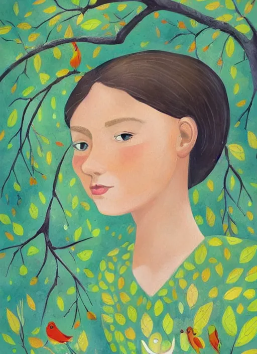 Image similar to a wonderful childrens illustration book portrait painting of a woman with serene emotion, art by tracie grimwood, forest, trees, many leaves, birds, whimsical, aesthetically pleasing and harmonious natural colors