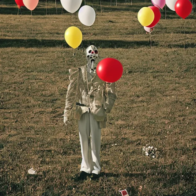 Prompt: creepy clown in the distance holding balloons in cemetary, photo by william eggelston