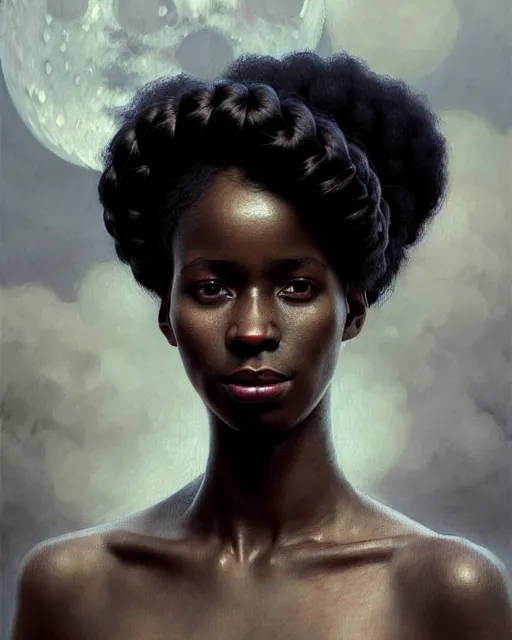 Prompt: african woman with black afro hair, brown eyes, beautiful girl, close up portrait, moonlight, highkey, braids, realistic, serov, surikov, vasnetsov, repin, kramskoi, paint texture, low aperature, insanely detailed, charlie bowater, tom bagshaw, octane rendered, unreal engine, illustration, trending on artstation, masterpiece