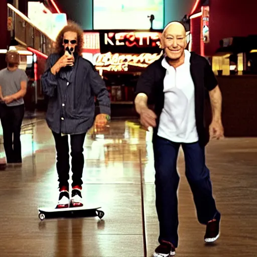 Image similar to kenny g and patrick stewart skateboarding at dave & busters, epic, cinematic, realism, ultra detailed, 8 k