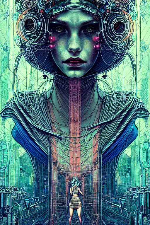 Prompt: dreamy cyberpunk girl, quantum computers, beautiful woman, detailed acrylic, grunge, intricate complexity, by dan mumford and by alberto giacometti, arthur rackham