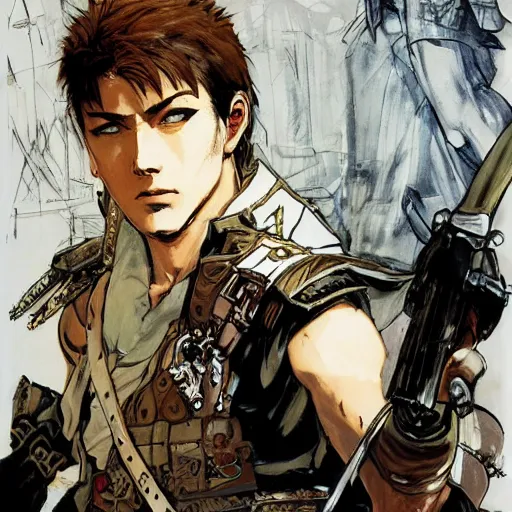 Image similar to portrait of a young white hero using his right arm to hold his sword covering his eye illustrated by yoji shinkawa, high quality, extra details, realism, ornate, colored, golden chain, blood, white skin, short hair, brown eyes, vivid, sunlight, red headband, black eyepatch, white american soldier, painting, cybernetics, military