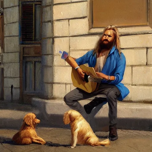 Image similar to oil painting of a young man with long hair blond and a beard hippie style with his golden retrever dog playing guitar in the square for money, people watching around, by greg rutkowski, artstation