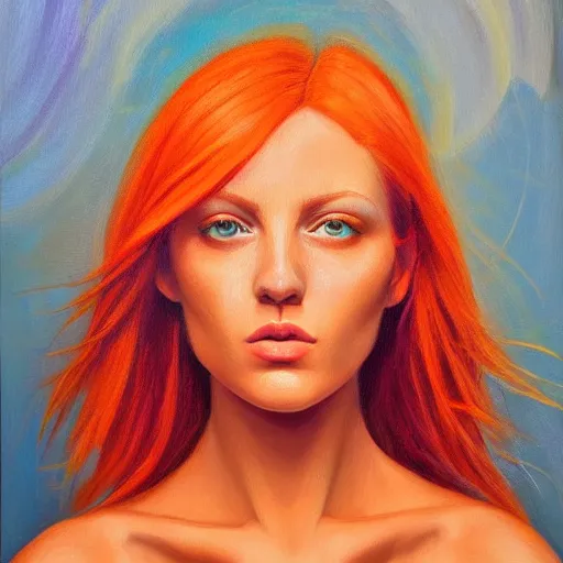Prompt: a symmetrical portrait of a beautiful orange - haired woman, face and shoulders, oil painting, intricate, aesthetic!!!!!, god rays, dramatic, ultra detailed