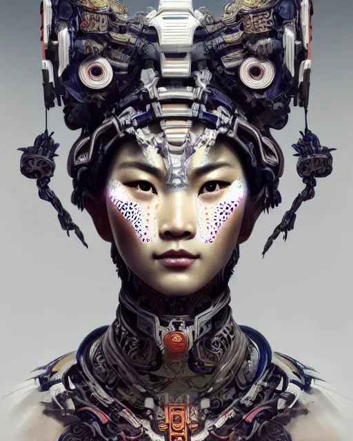 Image similar to portrait of a machine from horizon zero dawn, machine face, upper half portrait, decorated with chinese opera motifs, asian, bian lian, traditional chinese art, intricate, elegant, highly detailed, symmetry, digital painting, artstation, concept art, smooth, sharp focus, illustration, art by artgerm and greg rutkowski and alphonse mucha, 8 k