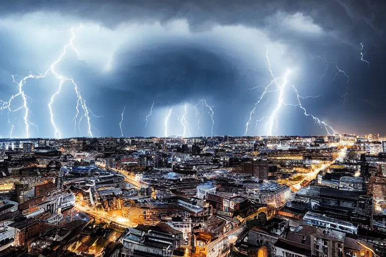 Prompt: thunderstorm approaching a city, photography, hd, nikon, sony