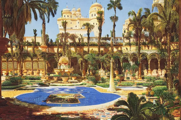 Prompt: painting of a beautiful moorish palace courtyard garden, by arkady rylov and rudolf ernst and maxfield parrish, patterned tilework, palm trees, tiled fountains, extremely detailed, cinematic lighting, smooth sharp focus