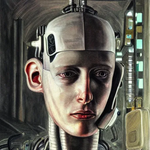 Image similar to portrait of a cyberpunk character, ( ( ( art by lucian freud ) ) ), cybernetic implant, more human than robot, award winning, masterpiece, intricate, dramatic light, detailed face, highly detailed, asymmetrical, dark