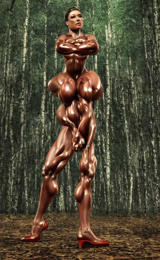 Image similar to photo of superbodybuilder woman posing standing with back in birch forest in jeff koons hip hop bauhaus style, beautiful detailed face, ultra realistic, concept art, intricate details, serious, highly detailed, photorealistic, octane render, 8 k, unreal engine, natural light, art by todd mcfarlane