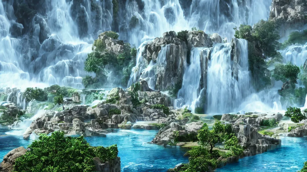 Prompt: ancient greek marble city in the clouds surrounded by a giant waterfalls, gold trimmings, clear blue water fountain, vines and blue foliage, matte painting, octane render, cinematic camera, bloom, blizzard cinematic,