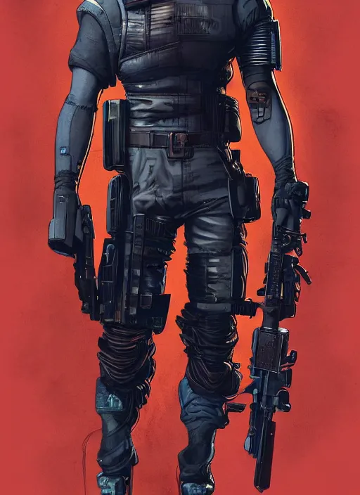 Prompt: menacing cyberpunk mercenary in tactical harbess and jumpsuit. dystopian. portrait by stonehouse and mœbius and will eisner and gil elvgren and pixar. realistic proportions. cyberpunk 2 0 7 7, apex, blade runner 2 0 4 9 concept art. cel shading. attractive face. thick lines.