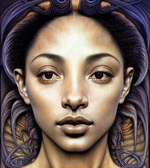 Prompt: detailed realistic beautiful young sade adu face portrait by jean delville, gustave dore and marco mazzoni, art nouveau, symbolist, visionary, baroque, intricate. horizontal symmetry by zdzisław beksinski, iris van herpen, raymond swanland and alphonse mucha. highly detailed, hyper - real, beautiful