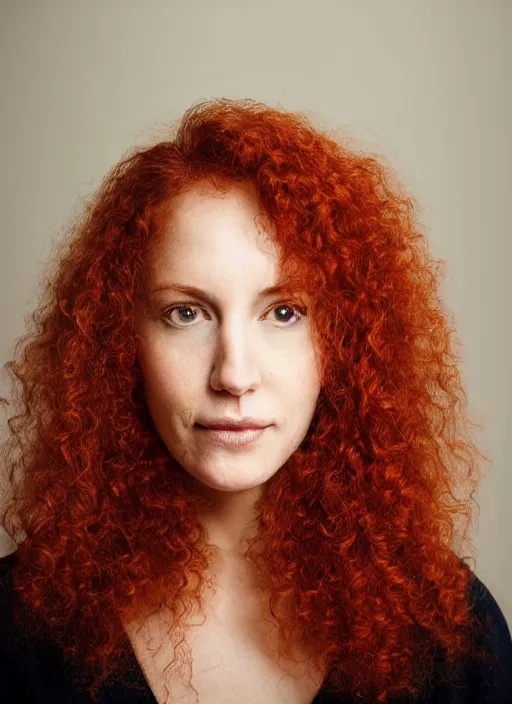 Prompt: portrait of a woman, symmetrical face, red curly hair, she has the beautiful calm face of her mother, slightly smiling, ambient light