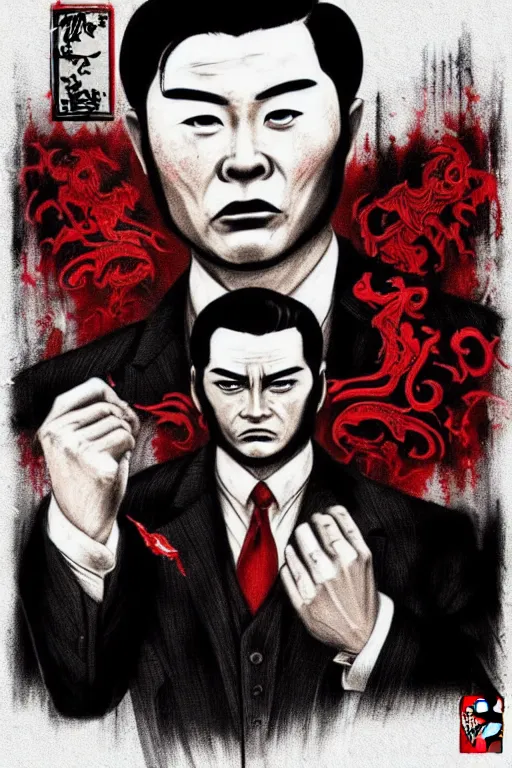 Image similar to chinnese mafia, with black suit and red tissue, some of leader have dragon tatto. digital art, concept art, pop art, bioshock art style, accurate, detailed, gta chinatown art style, l. a noire art style, dynamic, face features, body features, ultra realistic, smooth, sharp focus, art by richard hamilton and mimmo rottela