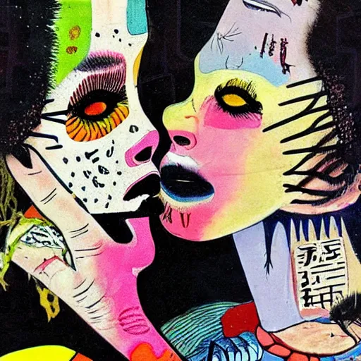 Image similar to beautiful painting of two bizarre psychedelic women kissing each other closeup in japan, speculative evolution, mixed media collage by basquiat and junji ito, magazine collage art, paper collage art, sapphic art, lesbian art