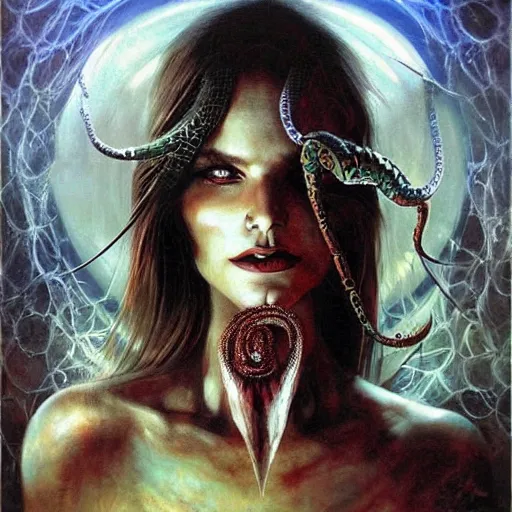 Prompt: a horrific evil demon and a serpent, ethereal, painting by karol bak