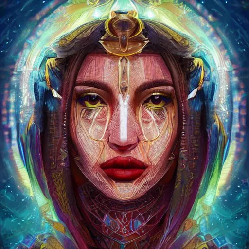 Prompt: portrait of a beautiful goddess future metaverse angel Ayahuasca tech shaman warrior, 2D cartoon, visionary art, symmetric, Magick symbols, holy halo, shipibo patterns, sci-fi, concept art, trending on art station, 8k digital art, by Mandy Jurgens, fantasy portrait art, anime